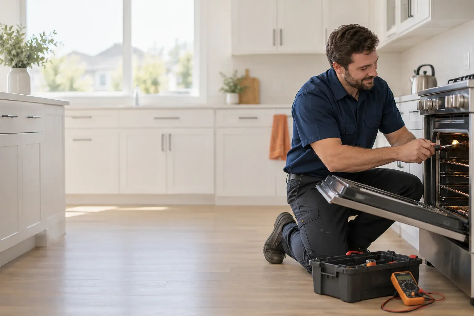 Appliance repair technician kneeling beside an open stainless steel oven in a bright kitchen, with a toolbox and multimeter on the floor