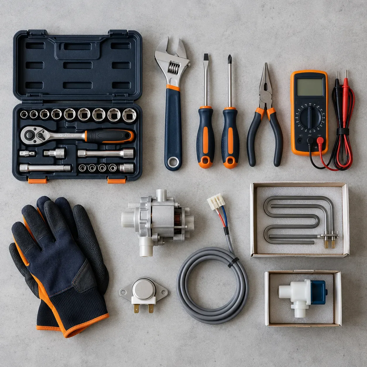 Flat lay of appliance repair tools and replacement parts, including a socket set, multimeter, drain pump, heating element and water inlet valve
